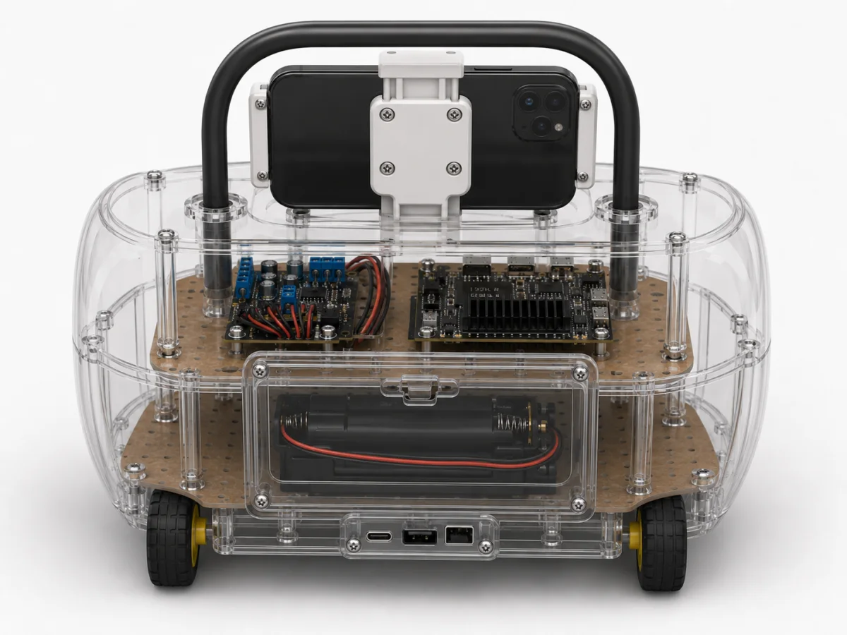 Transparente Frontansicht des geplanten NOAH-Roboters mit wechselbarem Smartphone-Kopf, Griff und sichtbarer Elektronik