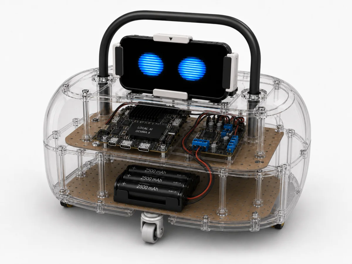 Transparente Planungsansicht des NOAH-Roboters mit Smartphone, lokaler Recheneinheit, Platinen und Akkufach