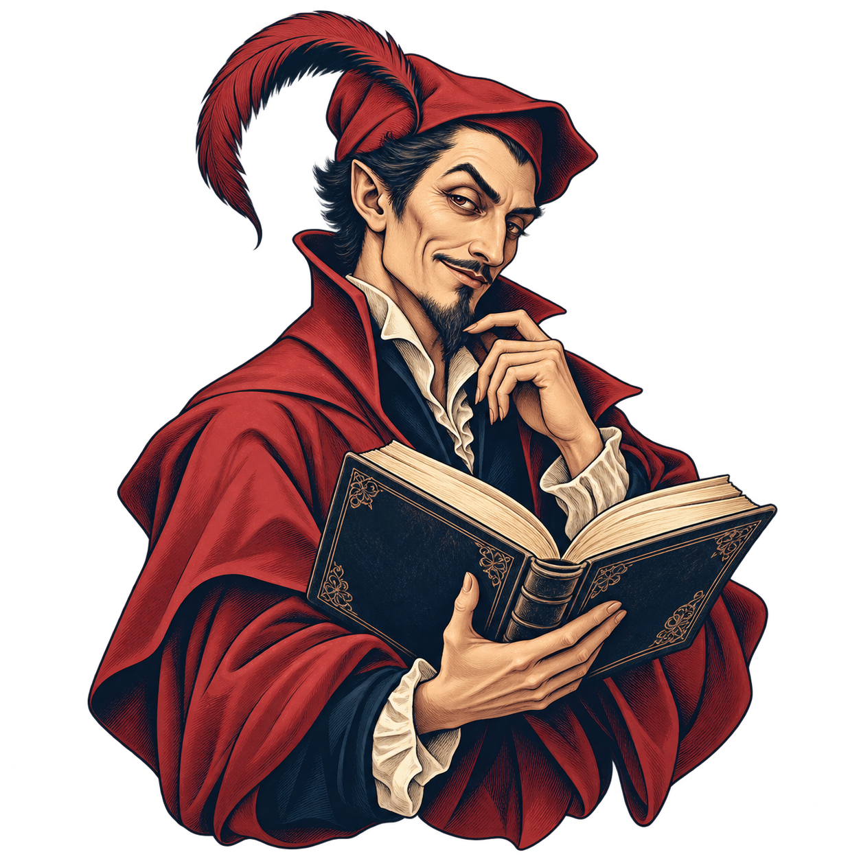 Mephisto mit Federhut und aufgeschlagenem Buch – Illustration der Bücher-Welt