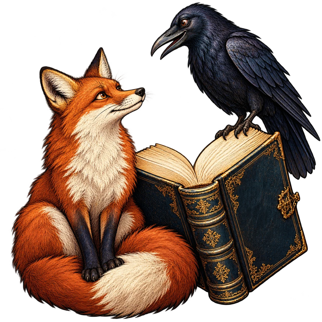 Fuchs und Rabe im Gespräch an einem offenen Buch