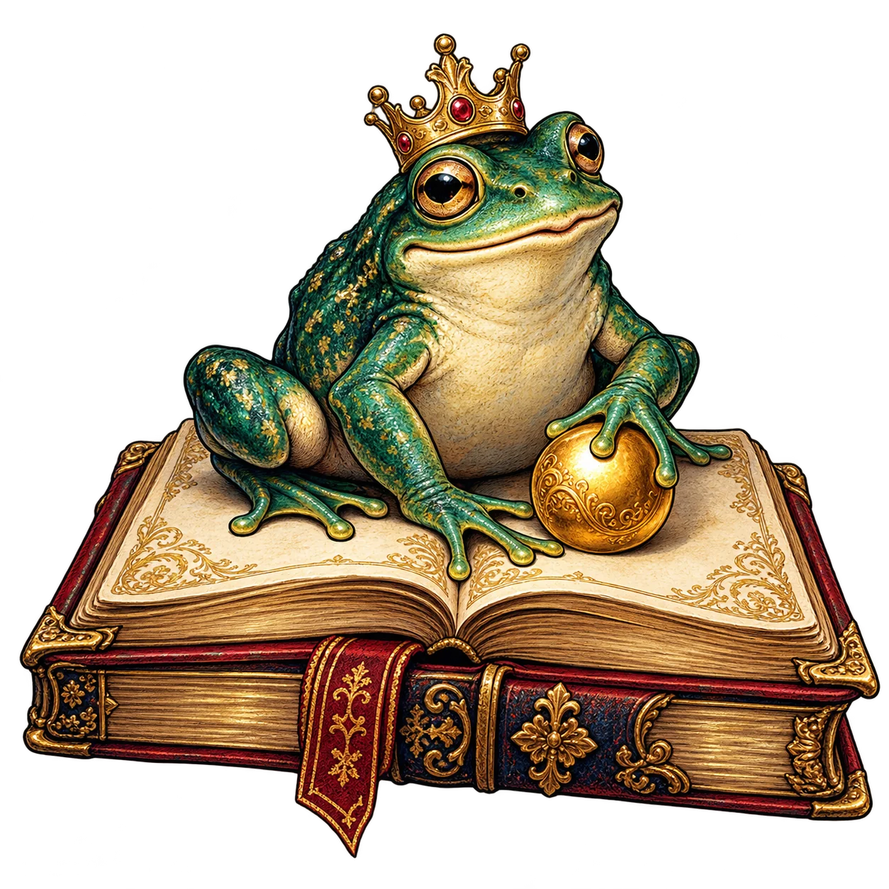 Froschkönig mit Krone, goldenem Ball und Märchenbuch