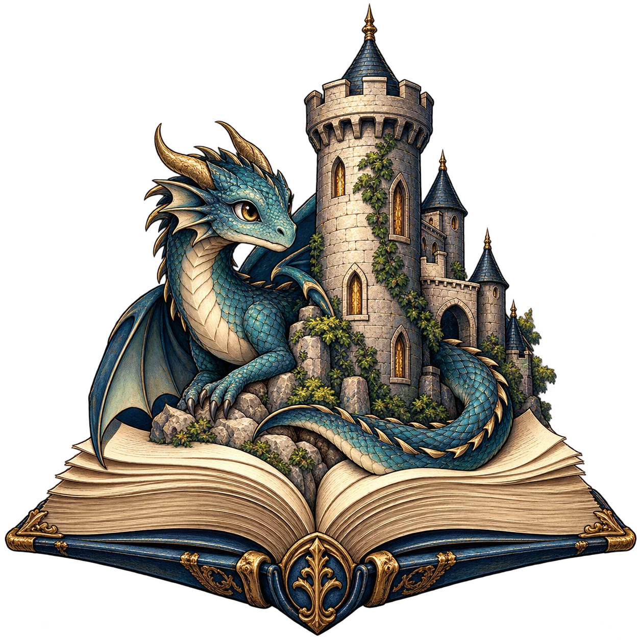 Drache und Burgturm auf einem offenen Sagenbuch