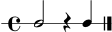 
\version "2.22.0"
\score {
  \new RhythmicStaff {
    \time 4/4
    c2 r4 c4 \bar "|."
  }
  \layout { }
  \midi { \tempo 4 = 86 }
}
