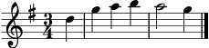 \version "2.24.0"
\score {
\new Staff \relative c'' {
\clef treble
\key g \major
\time 3/4
\partial 4 d4 | g4 a4 b4 | a2 g4 \bar "|."
}
\layout { }
\midi { \tempo 4 = 100 }
}
