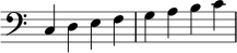 
{
  \omit Score.TimeSignature
  \clef bass
  c4 d e f g a b c'
}

