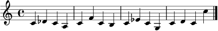 \relative c' { \time 4/4 c4 des c a c f c b c ees c g c d c c' \bar "|." }