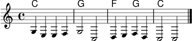 
\score {
  <<
    \new ChordNames \chordmode { c1 g f2 g c1 }
    \new Staff \relative c' {
      \clef treble
      \key c \major
      \time 4/4
      g4 e e f | g2 c, | d4 e f d | c2 c \bar "|."
    }
  >>
  \layout { }
  \midi { \tempo 4 = 84 }
}
