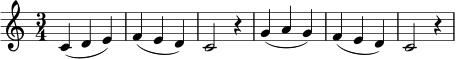 {
\clef treble
\key c \major
\time 3/4
c'4( d' e') | f'4( e' d') | c'2 r4 | g'4( a' g') | f'4( e' d') | c'2 r4
}