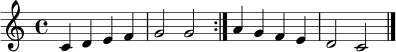 \relative c' {
\clef treble
\key c \major
\time 4/4
\repeat volta 2 { c4 d e f | g2 g | }
a4 g f e | d2 c | \bar "|."
}