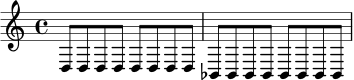 \relative c {
\time 4/4
d8 d d d d d d d |
bes8 bes bes bes bes bes bes bes
}