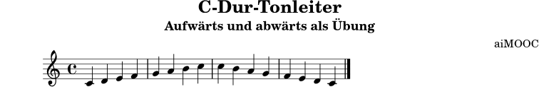 
\header {
  title = "C-Dur-Tonleiter"
  subtitle = "Aufwärts und abwärts als Übung"
  composer = "aiMOOC"
  tagline = ""
}
\score {
  \new Staff {
    \set Staff.midiInstrument = "acoustic grand"
    \clef treble
    \key c \major
    \time 4/4
    c'4 d' e' f' | g' a' b' c'' | c'' b' a' g' | f' e' d' c' \bar "|."
  }
  \layout { }
  \midi { \tempo 4 = 80 }
}
