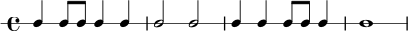 
\version "2.24.0"
\header { tagline = ##f }
\new RhythmicStaff {
  \time 4/4
  c4 c8 c c4 c | c2 c | c4 c c8 c c4 | c1
}

