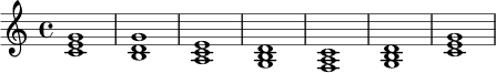 \relative c' {
\key c \major
\time 4/4
<c e g>1 |
<b d g>1 |
<a c e>1 |
<g b d>1 |
<f a c>1 |
<g b d>1 |
<c e g>1
}