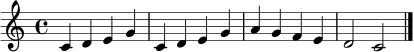 
\relative c' {
  \clef treble
  \key c \major
  \time 4/4
  c4 d e g | c,4 d e g | a4 g f e | d2 c \bar "|."
}
