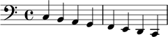 
\relative c {
  \clef bass
  \key c \major
  \time 4/4
  c4 b a g | f e d c |
}
