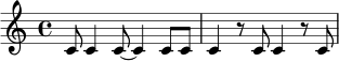 \relative c' {
\time 4/4
c8 c4 c8~ c4 c8 c | c4 r8 c c4 r8 c
}