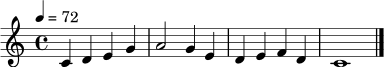 \version "2.24.0"
\header {
title = "Didaktisches Übemotiv"
subtitle = "Eigenständige Übung – nicht die Originalmelodie"
tagline = ##f
}
\relative c' {
\key c \major
\time 4/4
\tempo 4 = 72
c4 d e g |
a2 g4 e |
d4 e f d |
c1 \bar "|."
}