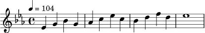 \relative c' {
\key ees \major
\time 4/4
\tempo 4 = 104
ees4 g bes g |
aes4 c ees c |
bes4 d f d |
ees1
}