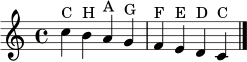 \version "2.22.0"
\paper { indent = 0\mm tagline = ##f }
\score {
\relative c'' {
\clef treble
\time 4/4
c4^\markup { "C" } b^\markup { "H" } a^\markup { "A" } g^\markup { "G" }
f^\markup { "F" } e^\markup { "E" } d^\markup { "D" } c^\markup { "C" }
\bar "|."
}
\layout { }
\midi { \tempo 4 = 84 }
}