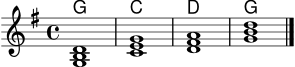 \version "2.22.0"
akkorde = \chordmode { g1 c d g }
\score {
<<
\new ChordNames \akkorde
\new Staff \relative c' {
\key g \major
\time 4/4
<g b d>1
<c e g>1
<d fis a>1
<g b d>1
\bar "|."
}
>>
\layout { }
\midi { \tempo 4 = 72 }
}