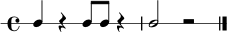 
\new RhythmicStaff { \time 4/4 c4 r4 c8 c8 r4 | c2 r2 \bar "|." }
