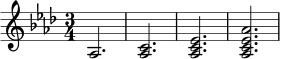 \relative c' {
\key aes \major
\time 3/4
aes2. |
<aes c>2. |
<aes c ees>2. |
<aes c ees aes>2.
}