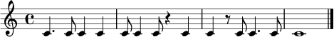 \relative c' { \time 4/4 c4. c8 c4 c | c8 c4 c8 r4 c | c4 r8 c c4. c8 | c1 \bar "|." }