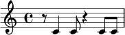 
\relative c' {
  \time 4/4
  r8 c4 c8 r4 c8 c |
}
