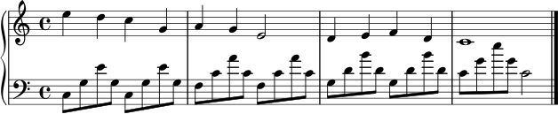 melodie = \relative c'' { \key c \major \time 4/4 e4 d c g | a4 g e2 | d4 e f d | c1 \bar "|." }
alberti = \relative c { \clef bass \key c \major \time 4/4 c8 g' e' g, c, g' e' g, | f8 c' a' c, f, c' a' c, | g8 d' b' d, g, d' b' d, | c8 g' e' g, c,2 \bar "|." }
\score {
\new PianoStaff <<
\new Staff { \melodie }
\new Staff { \alberti }
>>
\layout { }
\midi { \tempo 4 = 100 }
}