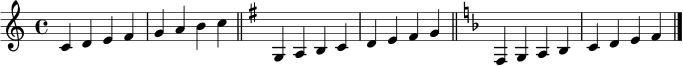 \relative c' { \time 4/4 \key c \major c4 d e f | g a b c | \bar "||" \key g \major g,4 a b c | d e fis g | \bar "||" \key f \major f,4 g a bes | c d e f | \bar "|." }
