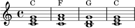 \language "deutsch"
\relative c' {
\clef treble
\key c \major
<c e g>1^\markup { "C" }
<c f a>1^\markup { "F" }
<h d g>1^\markup { "G" }
<c e g>1^\markup { "C" }
}