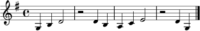 
\relative c' {
  \key g \major
  \time 4/4
  g4 b d2 |
  r2 d4 b |
  a4 c e2 |
  r2 d4 g, \bar "|."
}
