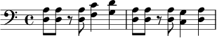 \relative c {
\clef bass
\time 4/4
<d a'>8 <d a'> r <d a'> <f c'>4 <g d'> |
<d a'>8 <d a'> r <d a'> <c g'>4 <d a'> |
}