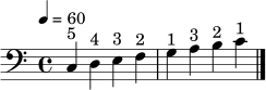 \relative c {
\clef bass
\key c \major
\time 4/4
\tempo 4 = 60
c4^\markup { "5" } d^\markup { "4" } e^\markup { "3" } f^\markup { "2" } |
g^\markup { "1" } a^\markup { "3" } b^\markup { "2" } c^\markup { "1" } \bar "|."
}