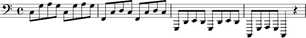 \relative c {
\clef bass
\key c \major
\time 4/4
c8 g' a g c, g' a g |
f, c' d c f, c' d c |
g, d' e d g, d' e d |
c, g' a g c,4 r4
}