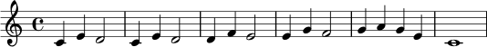 \relative c' {
\clef treble
\key c \major
\time 4/4
c4 e d2 | c4 e d2 | d4 f e2 | e4 g f2 | g4 a g e | c1
}