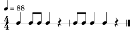 \version "2.22.0"
\header { tagline = "" }
\score {
\new RhythmicStaff {
\numericTimeSignature
\time 4/4
\tempo 4 = 88
c4 c8 c8 c4 r4 | c8 c8 c4 c4 r4 \bar "|."
}
\layout { }
\midi { }
}