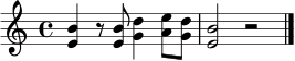 \relative c' {
\time 4/4
<e b'>4 r8 <e b'>8 <g d'>4 <a e'>8 <g d'>8 |
<e b'>2 r2 |
\bar "|."
}