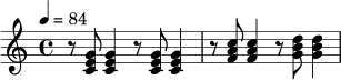 
\relative c' {
  \key c \major
  \time 4/4
  \tempo 4 = 84
  r8 <c e g>8 <c e g>4 r8 <c e g>8 <c e g>4 |
  r8 <f a c>8 <f a c>4 r8 <g b d>8 <g b d>4 |
}
