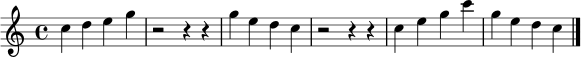 \relative c'' {
\set Staff.midiInstrument = "trumpet"
\clef treble
\time 4/4
c4 d e g | r2 r4 r |
g4 e d c | r2 r4 r |
c4 e g c | g4 e d c \bar "|."
}