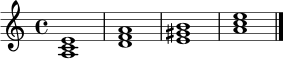 \relative c' {
\clef treble
\key a \minor
\time 4/4
<a c e>1 | <d f a>1 | <e gis b>1 | <a c e>1 \bar "|."
}