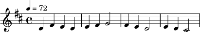 \relative c' {
\key d \major
\time 4/4
\tempo 4 = 72
d4 fis e d | e fis g2 | fis4 e d2 | e4 d cis2 |
}