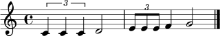\relative c' { \clef treble \time 4/4 \tuplet 3/2 { c4 c4 c4 } d2 \bar "|" \tuplet 3/2 { e8 e8 e8 } f4 g2 \bar "|." }