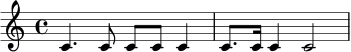 \relative c' { \time 4/4 c4. c8 c8 c8 c4 | c8. c16 c4 c2 | }
