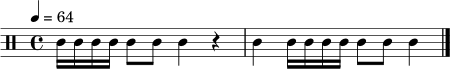 \relative c' {
\clef percussion
\tempo 4 = 64
\time 4/4
c16 c16 c16 c16 c8 c8 c4 r4 | c4 c16 c16 c16 c16 c8 c8 c4 \bar "|."
}