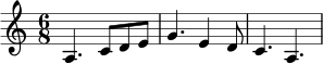 \relative c' {
\key a \minor
\time 6/8
a4. c8 d e |
g4. e4 d8 |
c4. a4. |
}