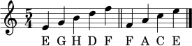 \relative c' { \clef treble \time 5/4 e4 g b d f \bar "||" f, a c e \bar "|." }
\addlyrics { E G H D F F A C E }