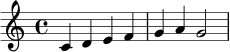 \relative c' { \clef treble \key c \major \time 4/4 c4 d e f | g a g2 | }