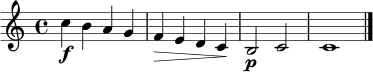 
\relative c'' {
  \time 4/4
  \key c \major
  c4\f b a g | f4\> e d c\! | b2\p c | c1\bar "|."
}
