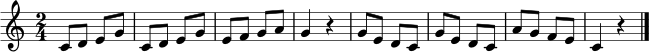 \relative c' {
\clef treble
\key c \major
\time 2/4
c8 d e g | c,8 d e g | e8 f g a | g4 r |
g8 e d c | g'8 e d c | a'8 g f e | c4 r \bar "|."
}